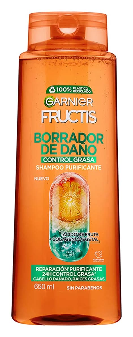 Garnier · Fructis shampoo borrador de daño con ácido de fruta + colágeno vegetal (650 ml)