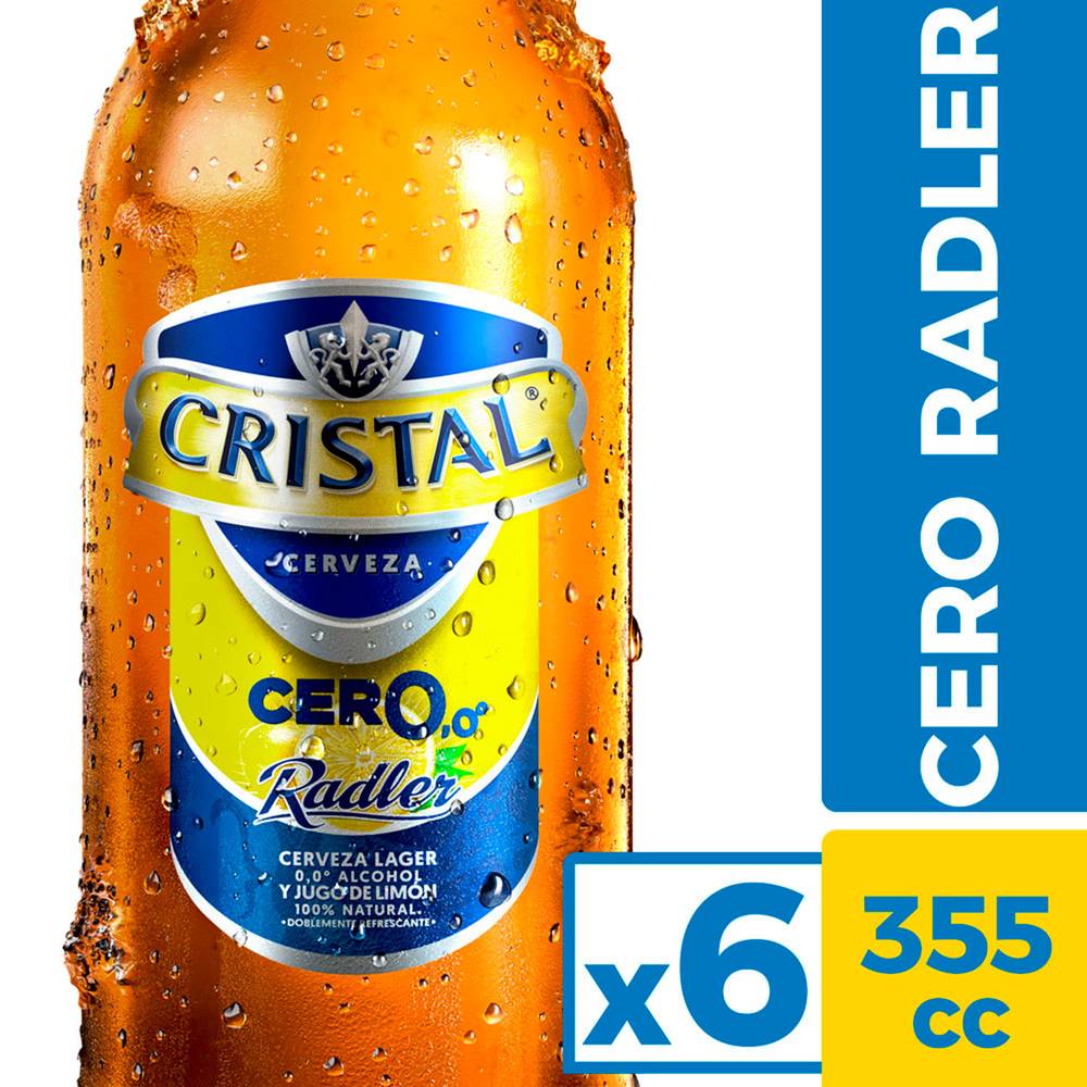 Cristal cerveza cero radler sabor limón (6 botellas x 355 ml c/u)