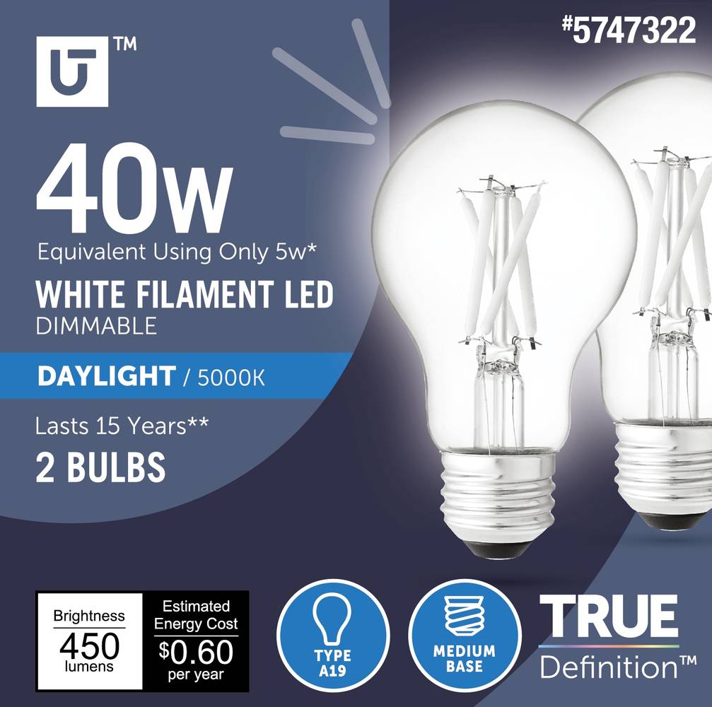 Utilitech LED light bulb 40-Watt EQ A19 Daylight E26 Dimmable LED General Purpose Light Bulb (2-Pack) | 2A19DG5WECL50K2P