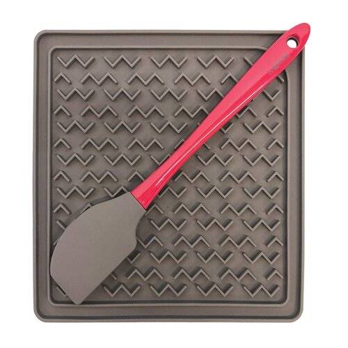 MESSY MUTTS GREY SILICONE THERAPEUTIC LICKING MAT WITH SILICONE SPATULA 8 X 8