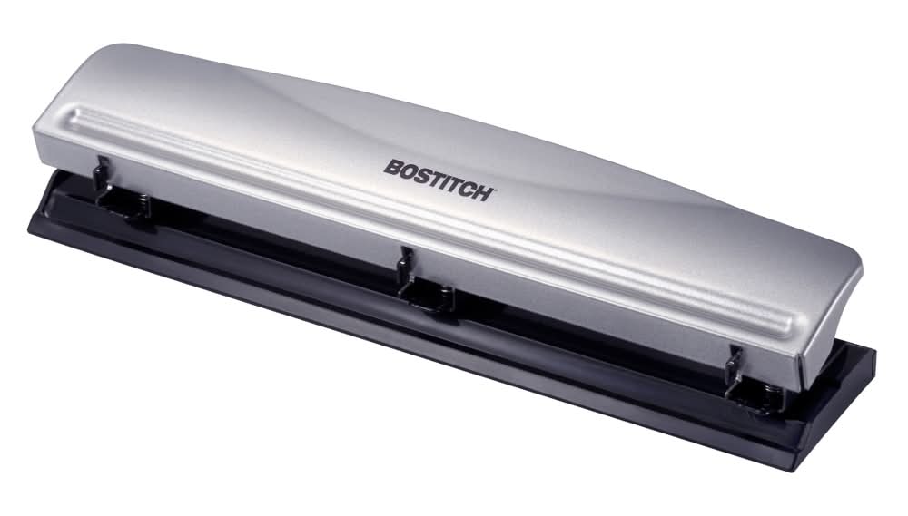 Bostitch 12 Sheets 3 Hole Punch, Silver-Black