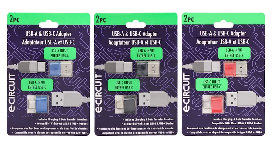 E-circuit USB-A To USB-C Adapter, Assorted Colors, 2-pc Pack.