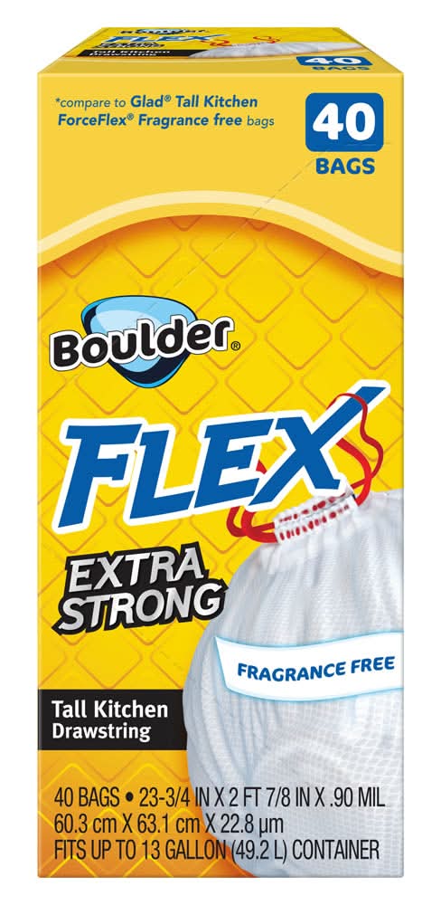 Boulder Canyon Flex Extra Strong Tall Kitchen Trash Bags 13 Gal, 60.3x63.1cm x 22.8μm (40 ct)