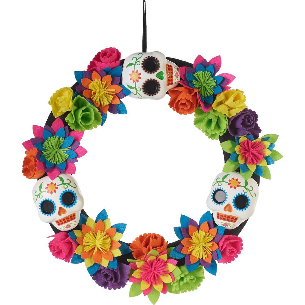 Spooky Village Fabric Wreath with Flowers and Skulls