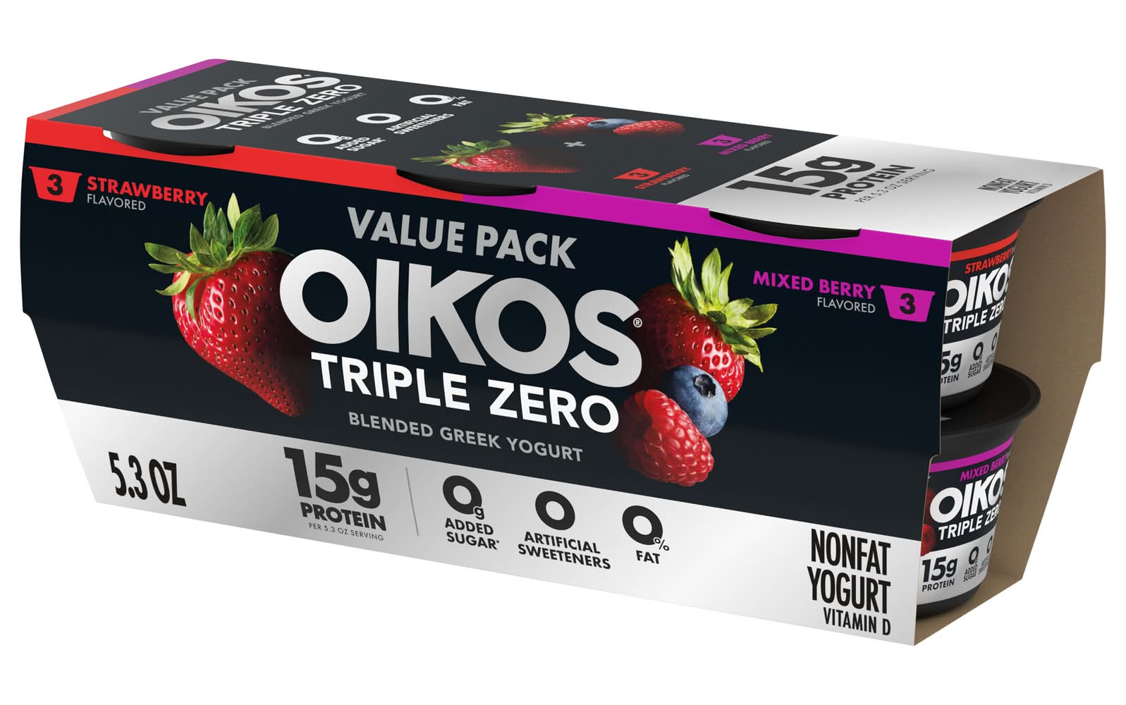 Oikos Triple Zero Strawberry / Mixed Berry Greek Nonfat Yogurt (2.65 oz, 6 ct)
