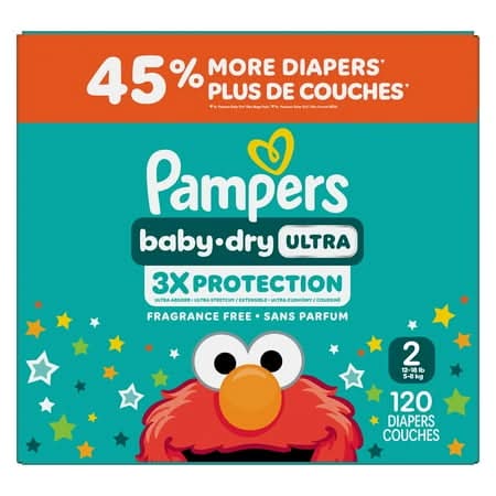 Pampers Fragrance Free Baby Dry Ultra Diapers Couches, 2 (120 ct)