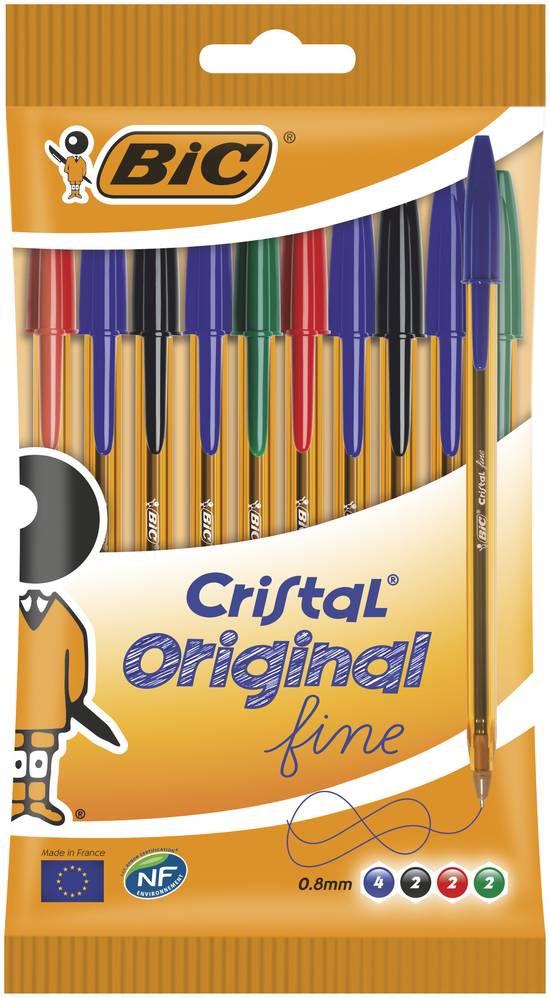 Bic - Cristal original stylos bille pointe fine 0.8 mm couleurs assorties (10 pièces)