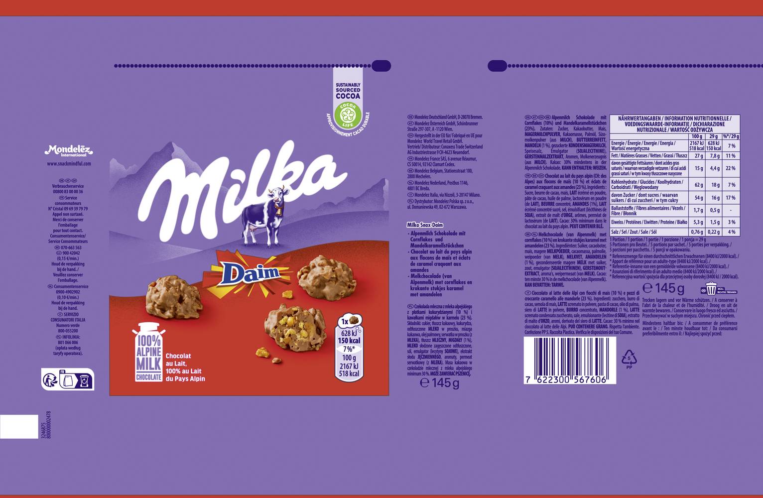 Milka - Chocolat au lait et aux éclats de daim snax (140g)