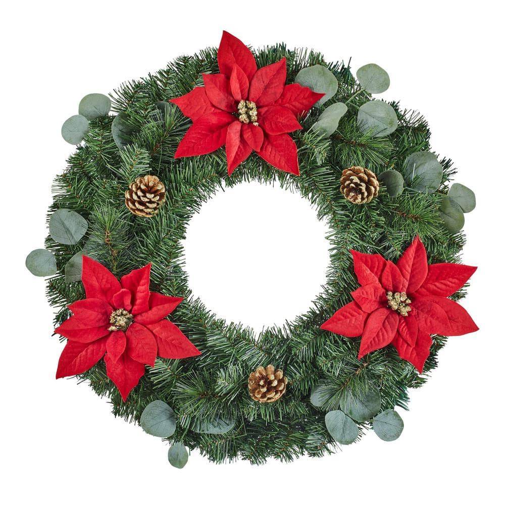 Home Accents Holiday 24 In. Artificial Wreath With Pinecones And Poinsettia Flowers