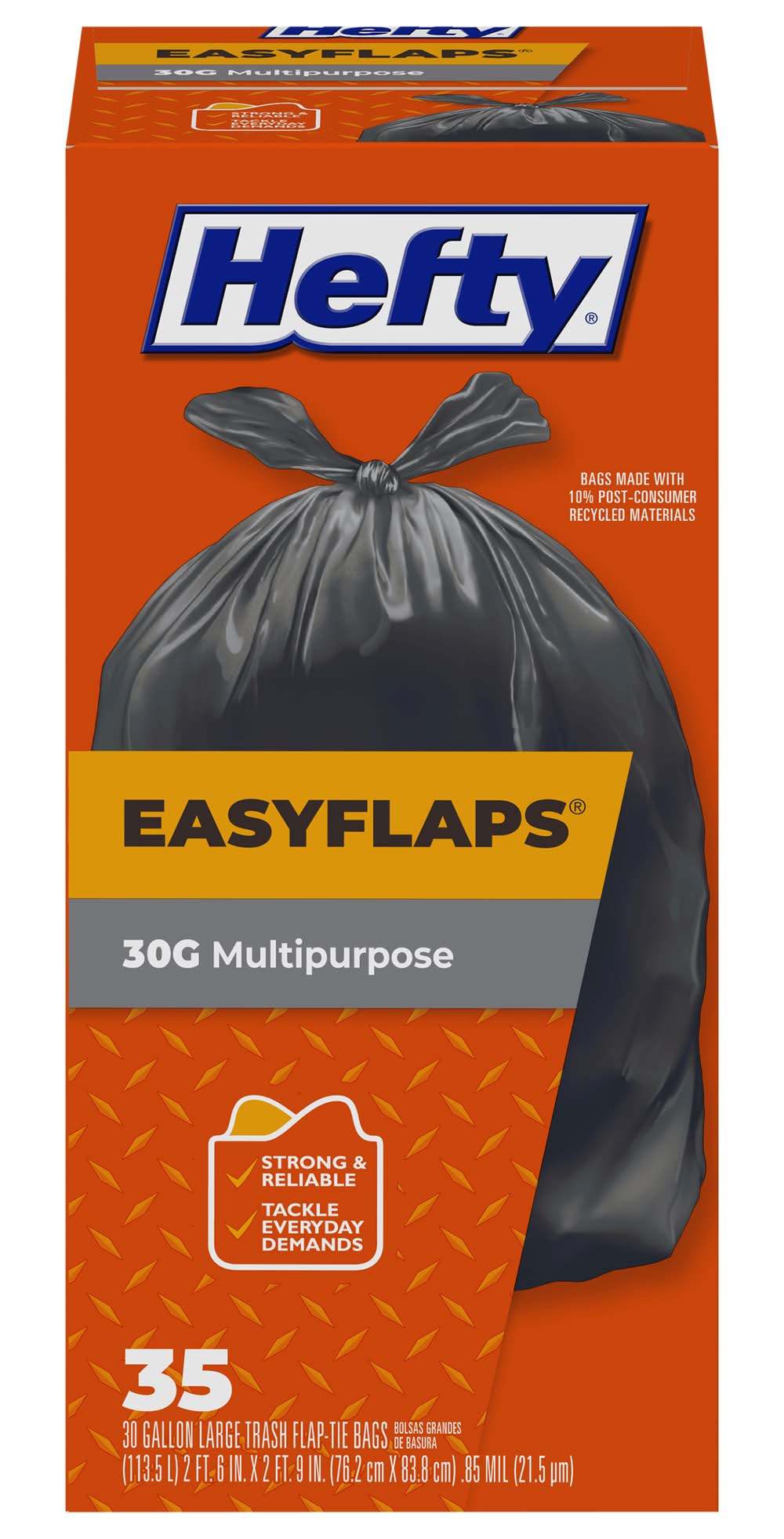 Hefty Easyflaps Multipurpose Flap-Tie Trash Bags, 76.2 x 83.8 cm-Large (35 ct)
