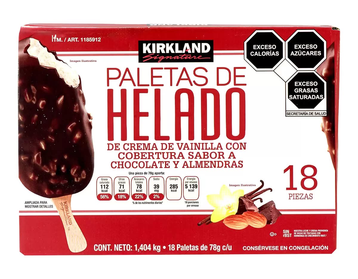 Kirkland Signature · Paletas de helado con cobertura, vainilla-chocolate-almendras (18 x 78 g)