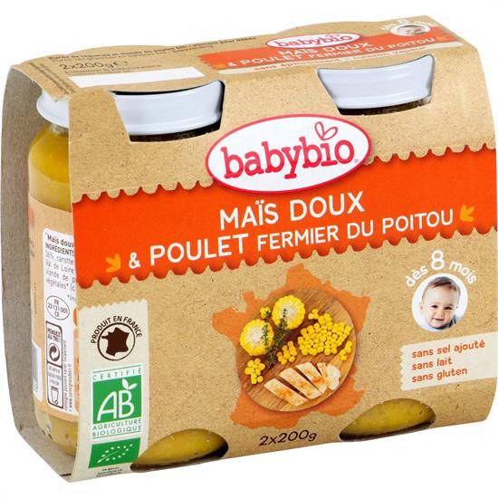 Petits pots bébé dès 8 mois, maïs poulet BABYBIO - les 2 pots de 200 g