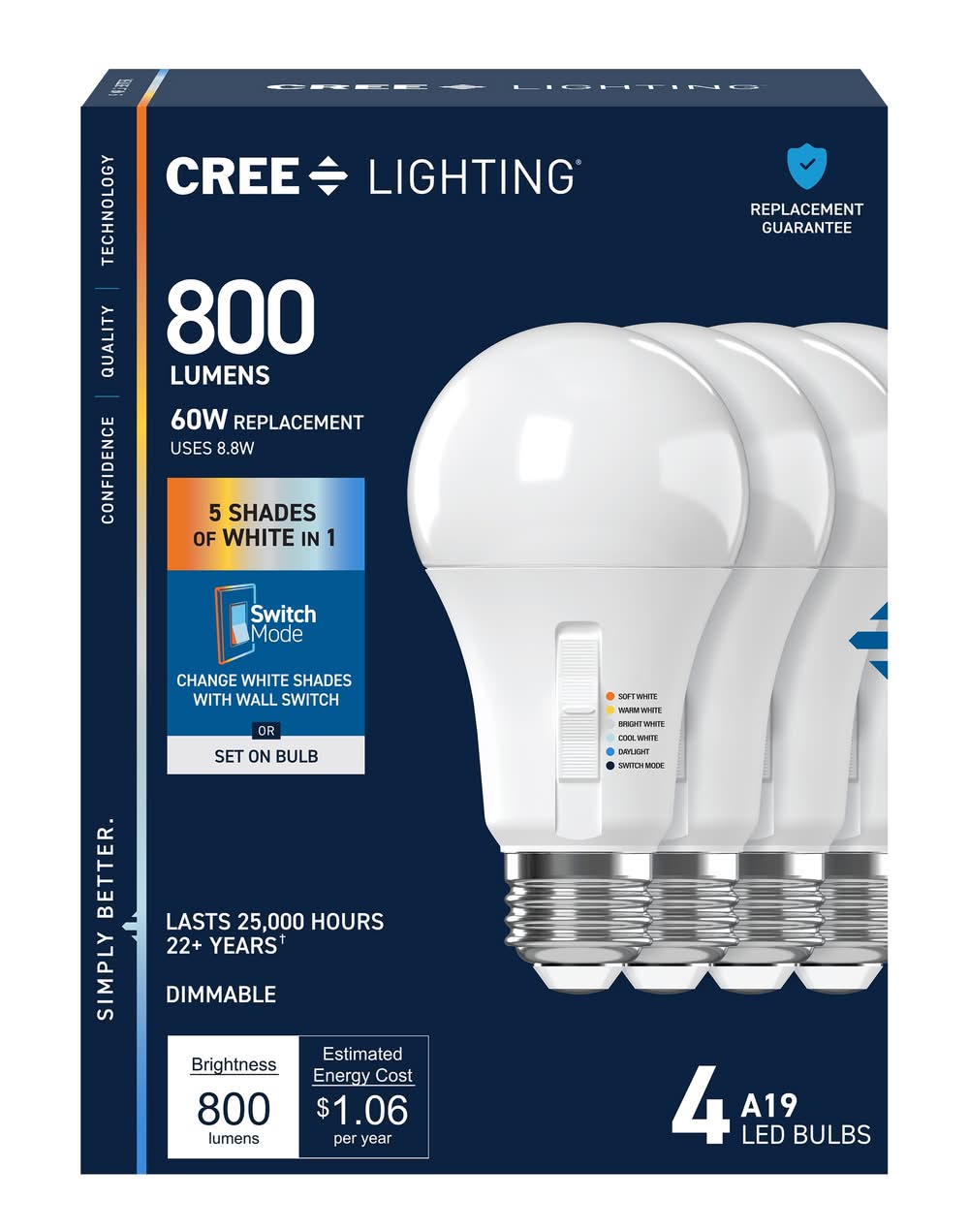 Cree Lighting Switch Mode 60 -Watt EQ A19 Switchable white Medium screw base E26 Dimmable LED General purpose Light Bulb 4 -Pack