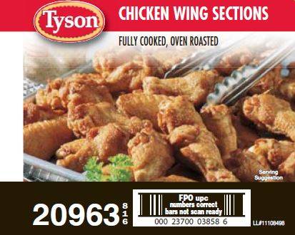 Frozen Tyson - Fully Cooked, Oven Roasted Bone-In Wings, Medium, 100 Pieces, 10 lbs (1 Unit per Case)