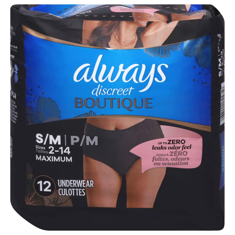 Always Low Rise Incontinence Underwear For Women, S/M, Black (1.1 lbs, 12 ct)