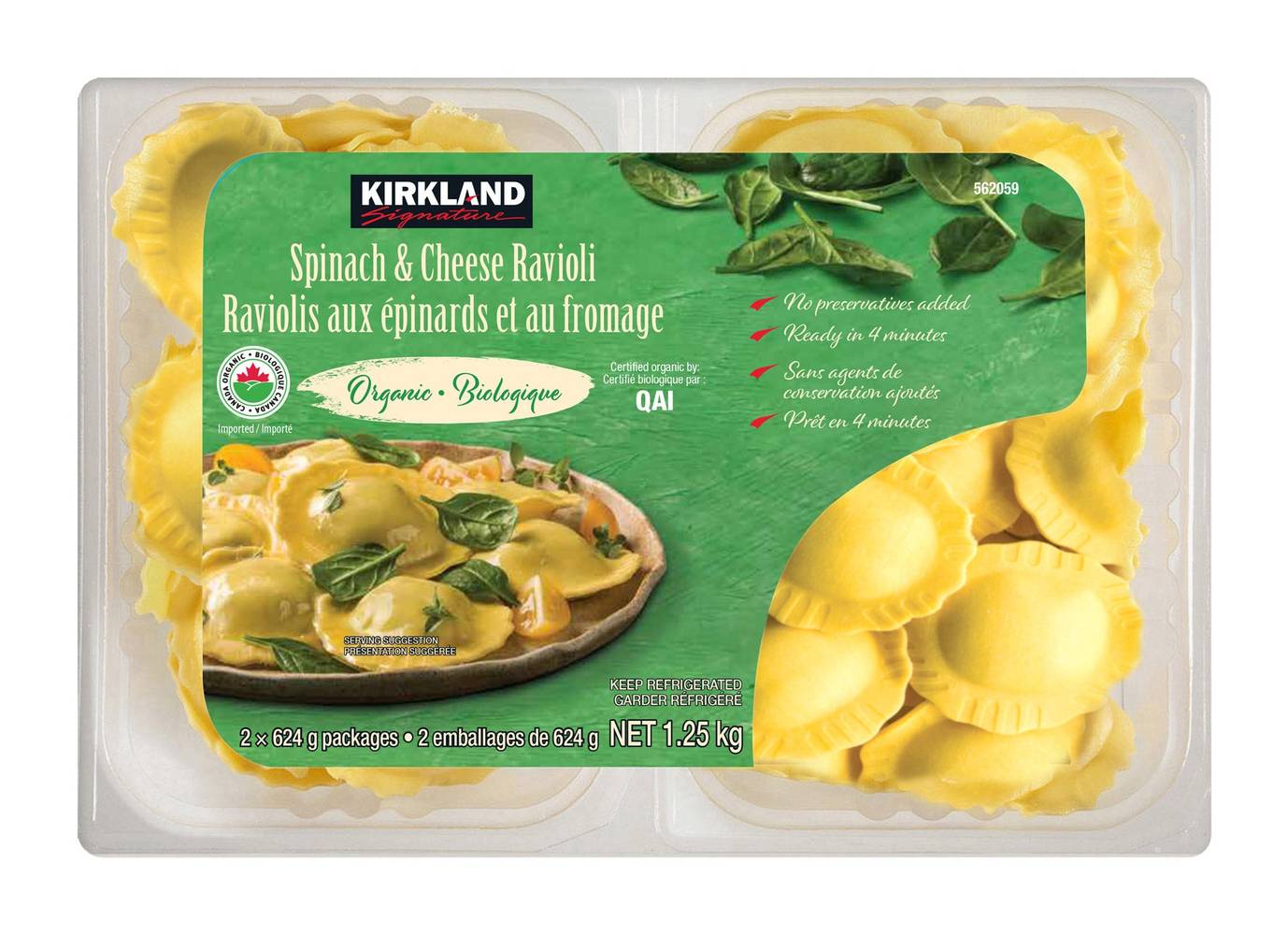 Kirkland Signature - Raviolis Aux Épinards Et Au Fromage Biologique 2 X 624 G / Kirkland Signature Organic Spinach & Cheese Ravioli, 2 × 624 G
