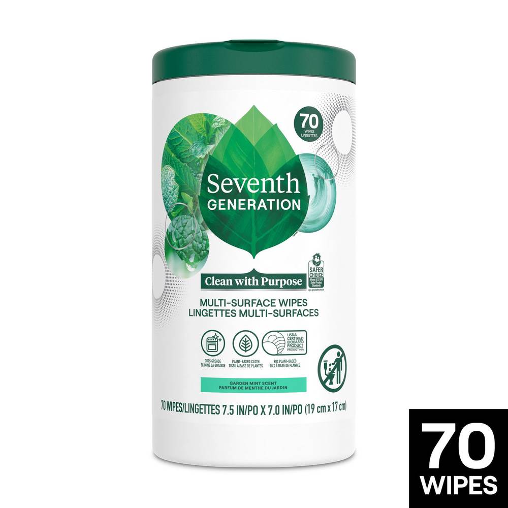 Seventh Generation Garden Multi-Surface Cleaning Wipes, Mint, 7.5 IN/PO X 7.0 IN/PO (70 ct)