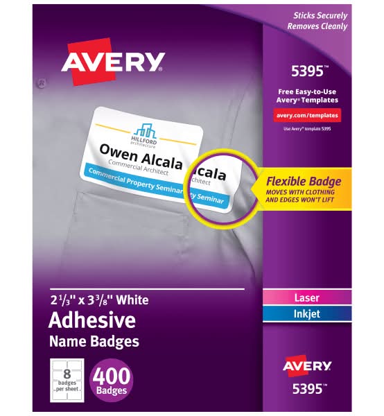 Avery® Flexible Name Badge Labels, 5395, 2 1/3" x 3 3/8", White, Box Of 400
