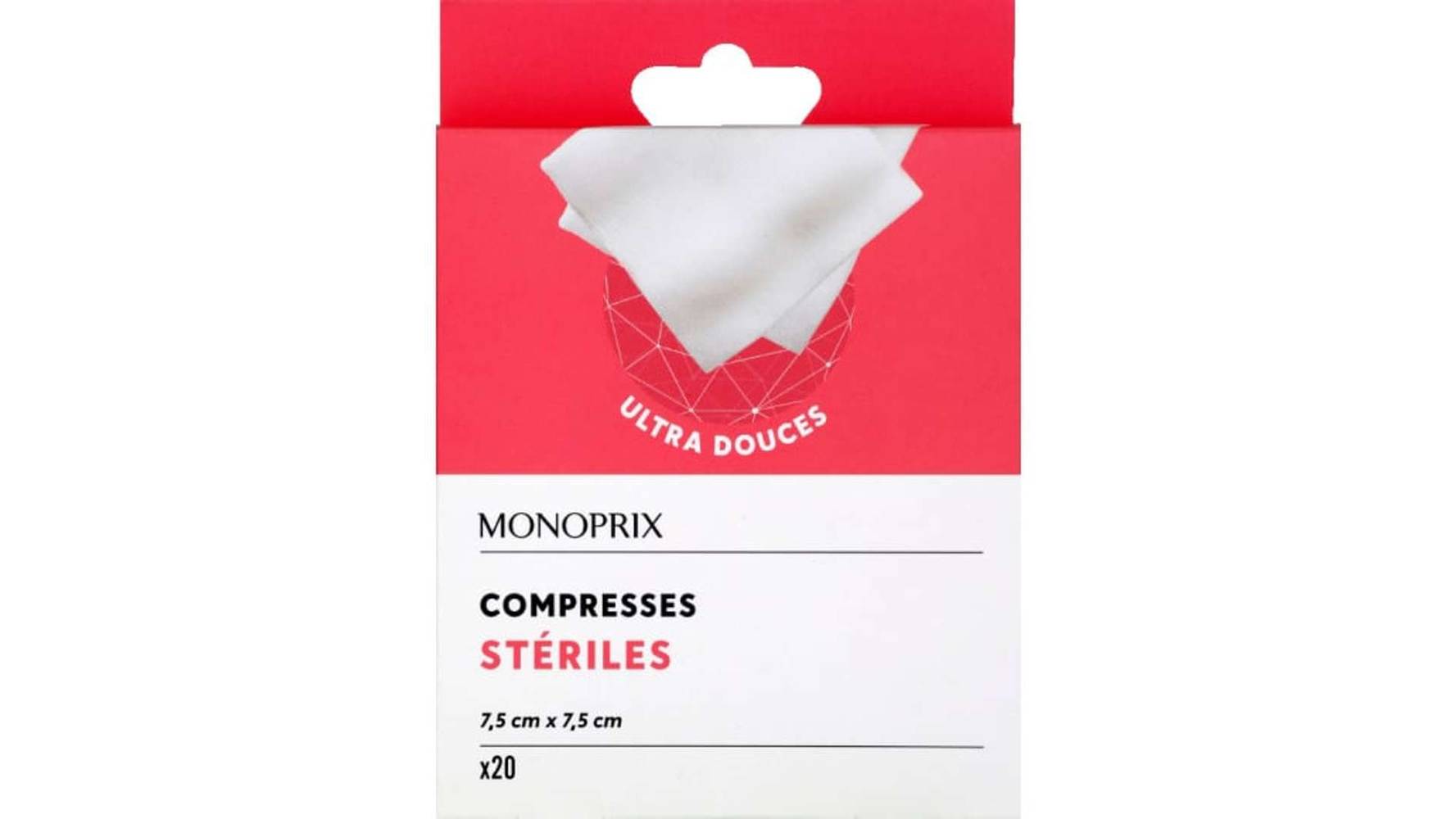 Monoprix - Compresses stériles ultra douces, 7.5 cm x 7.5 cm, blanc (20)