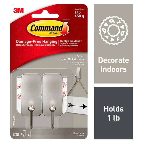 Command Small Brushed Nickel Hooks, 2 Hooks