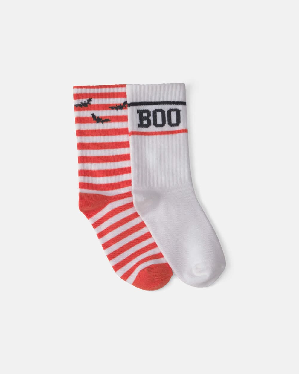 Kids 2-Pack 'Boo' Bat Striped Halloween Crew Socks - Orange/White - 8-14