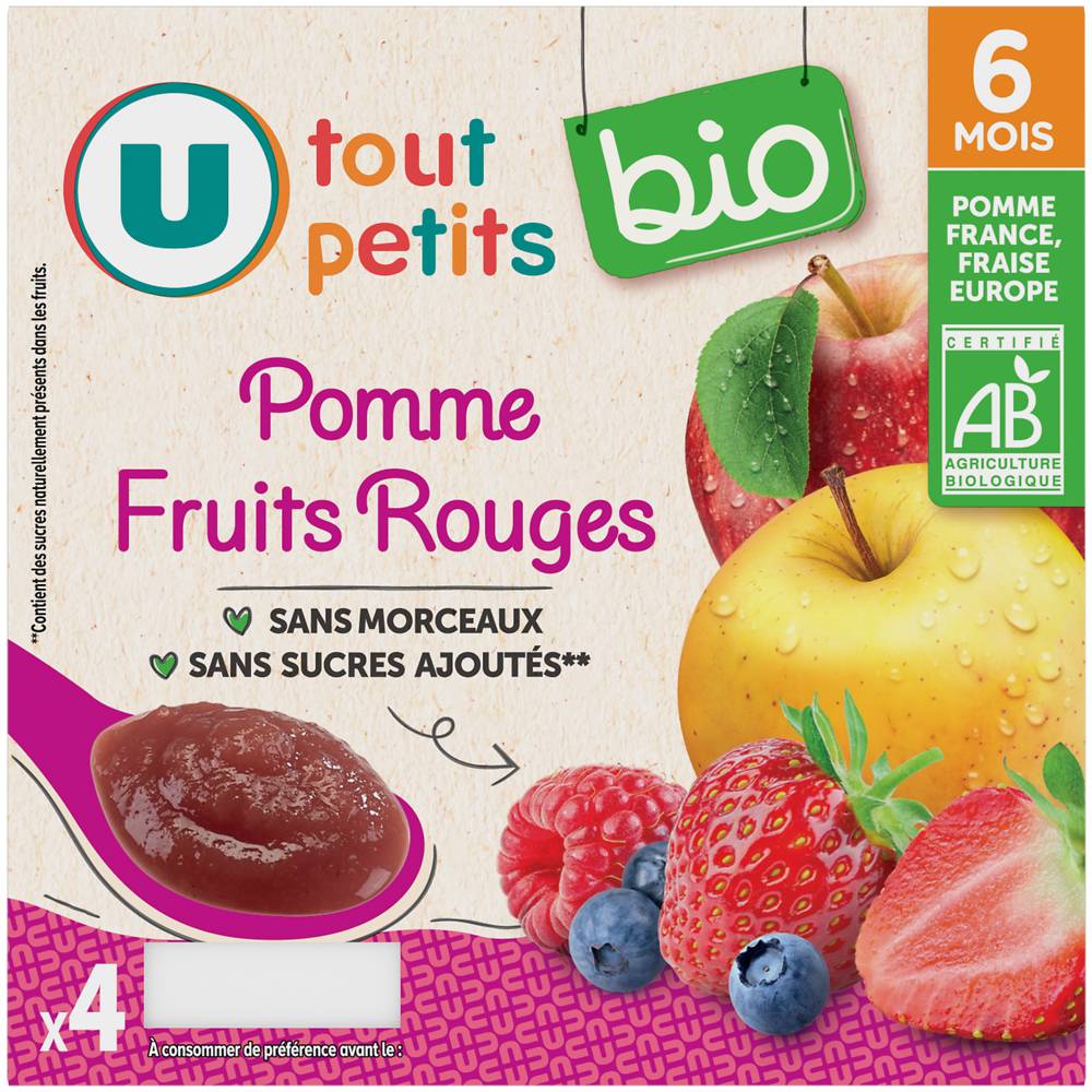 Les Produits U - Pots bébé dessert pomme frits rouges bio dès 6 mois (400g)