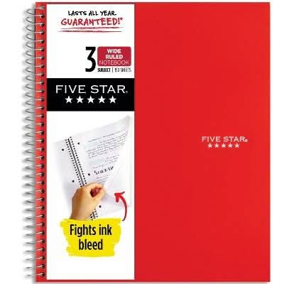 Five Star 3 Subject Wide Ruled Spiral Notebook, 8" x 10 1/2", Fire Red