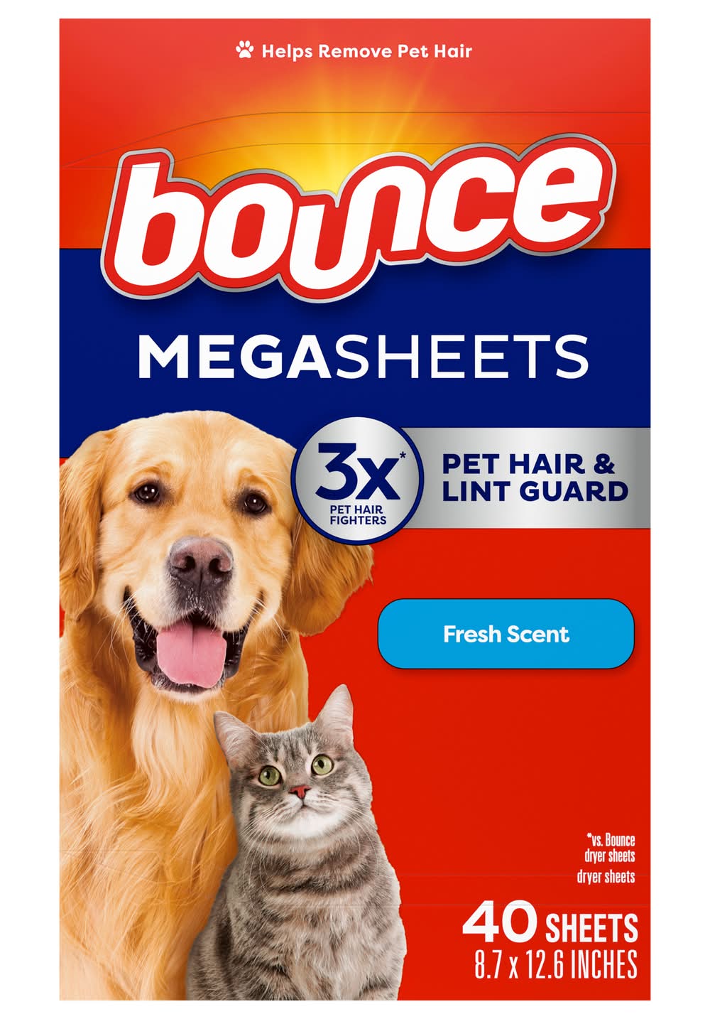 Bounce Pet Hair and Lint Guard Mega Dryer Sheets With 3x Pet Hair Fighters, 8.7x12.6 in (40 ct)