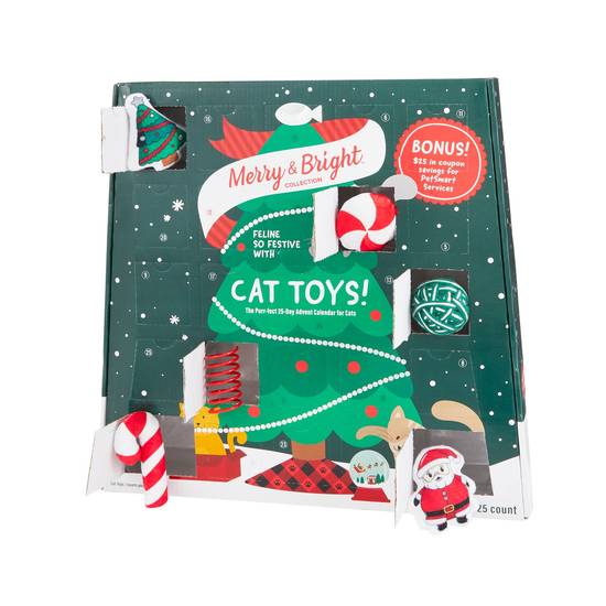 Merry & Bright™ Holiday Cat Advent Calendar with 25 Holiday-Themed Cat Toys (Color: Multi Color)