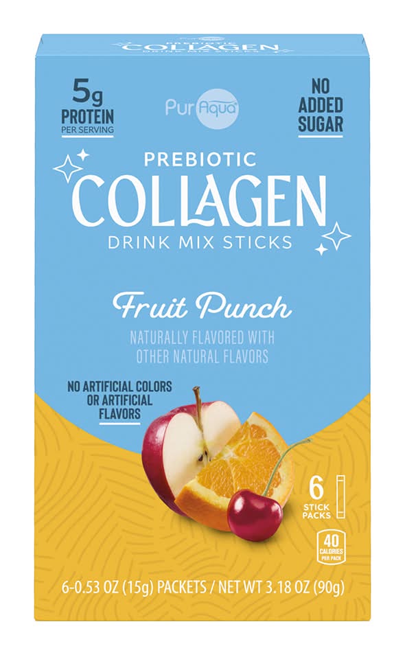 PurAqua Fruit Punch Prebiotic Collagen Drink Mix Sticks, 6 Count