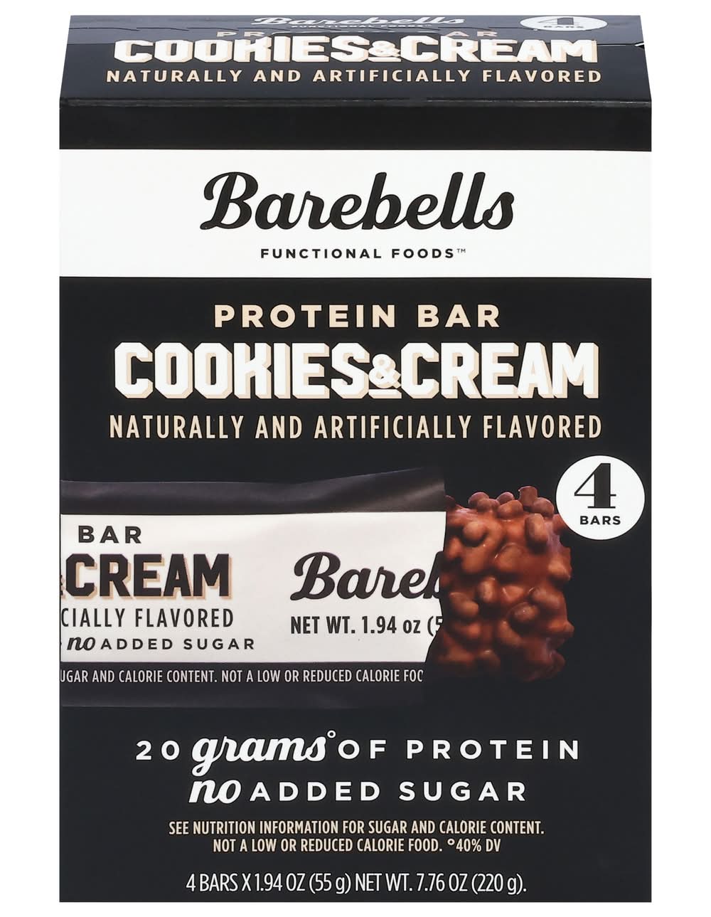 Barebells Functional Foods No Added Sugar Flavored Protein Bars, Cookies & Cream (4 x 1.94 oz)