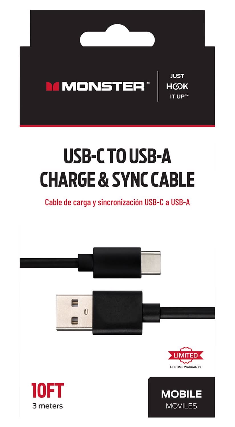 Monster Energy Just Hook It Up Usb-C To Usb-A Charge And Sync Cable 10 Ft. Black
