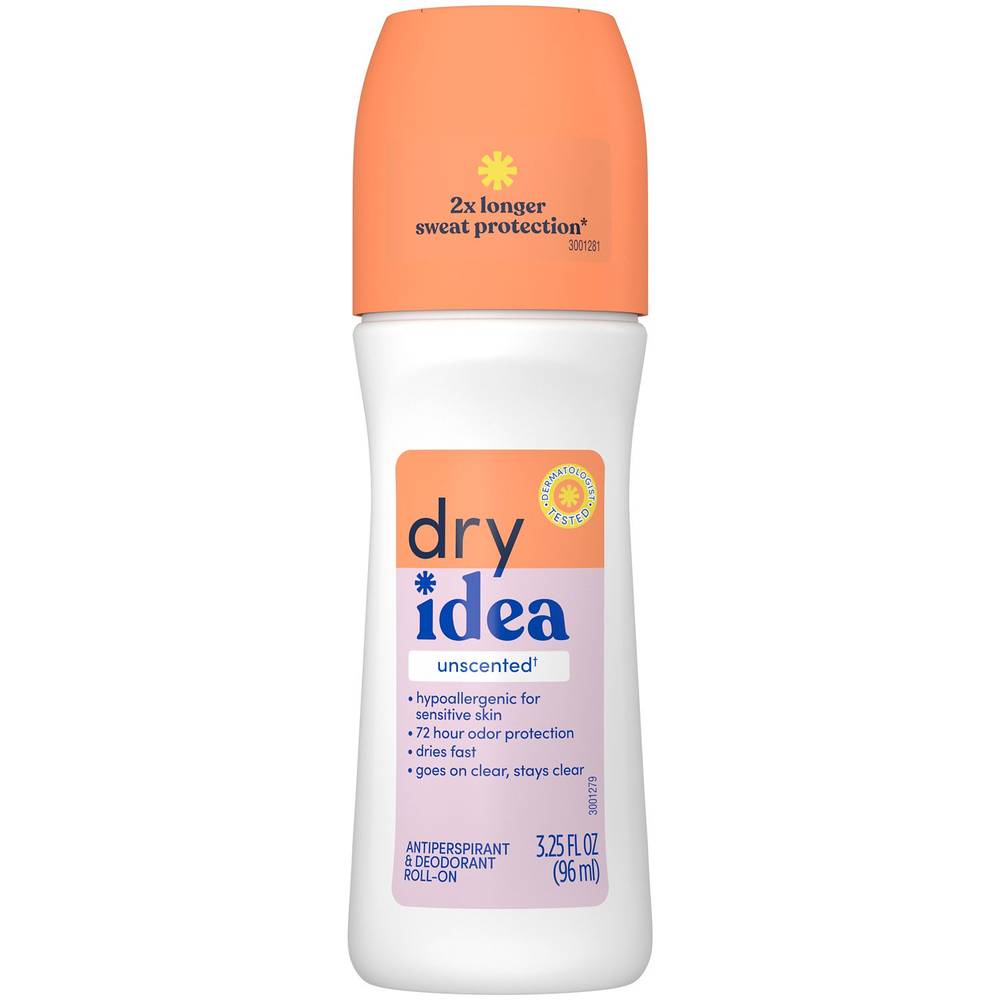Dry Idea 72-Hour Hypoallergenic Deodorant Roll-on, Unscented, 3.25 OZ