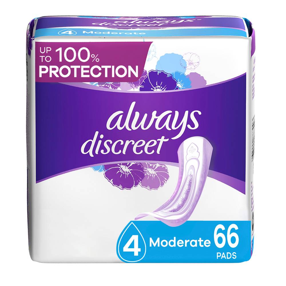 Always Discreet Incontinence Pads 4 Drop Moderate Absorbency, Regular, 66 CT