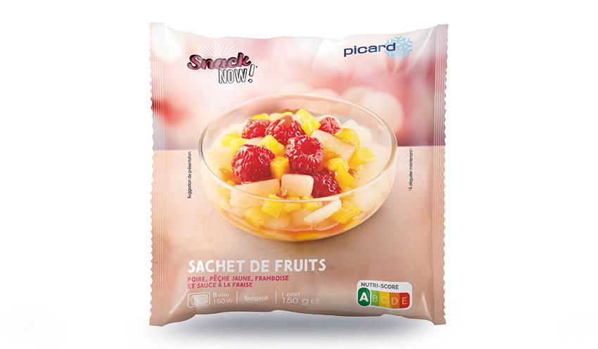 Sachet de fruits poire, pêche jaune, framboise