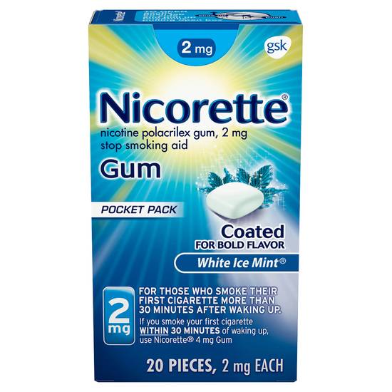 Nicorette 2mg Nicotine Gum To Quit Smoking - White Ice Mint Flavored Stop Smoking Aid (20 ct)