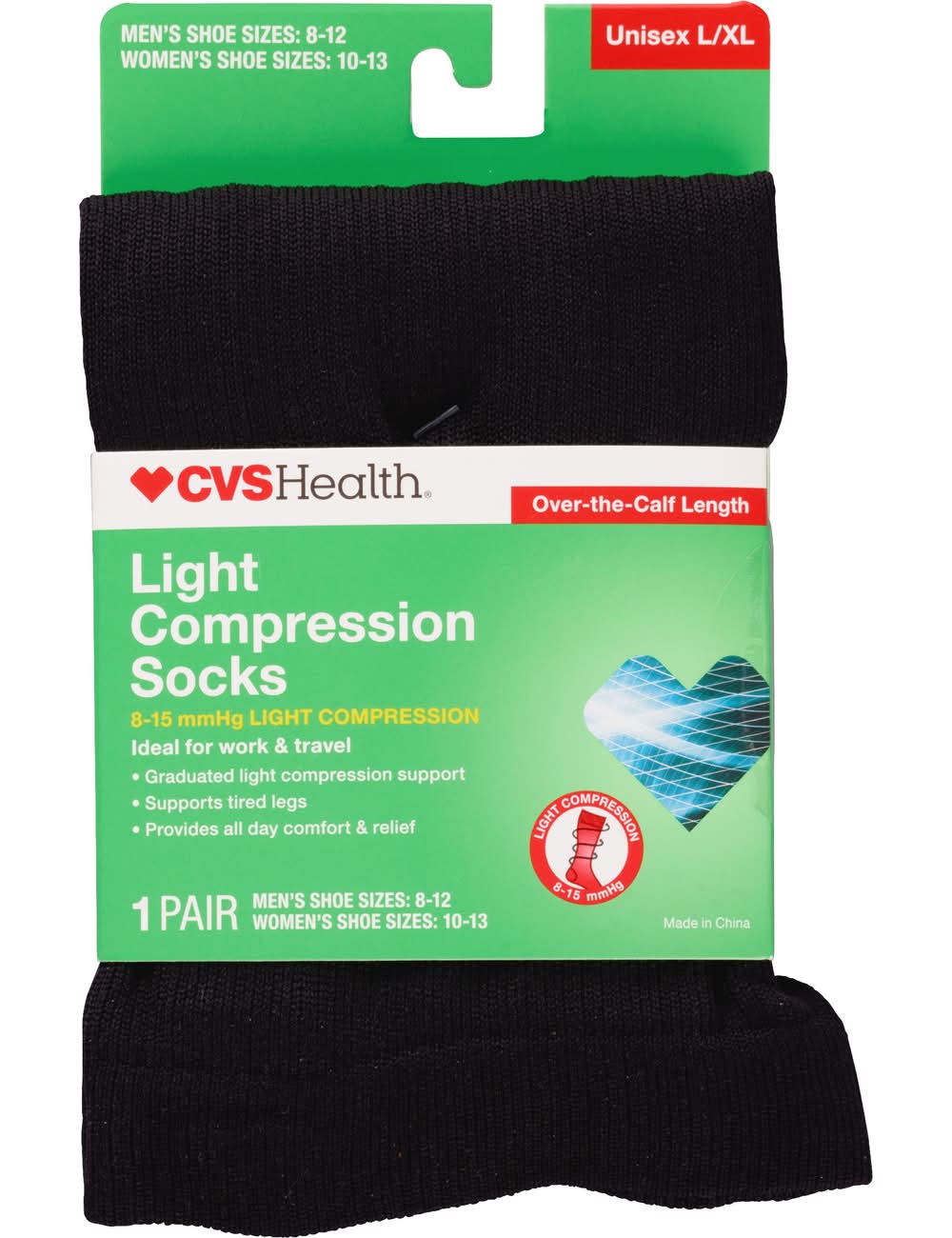 CVS Health Over-The-Calf Length Compression Socks, Unisex, L- XL, Black