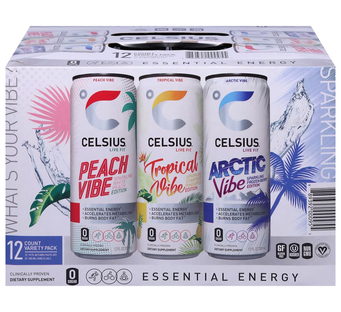 Celsius Gluten Free Live Fit Essential Sparkling Energy Drink, Peach Vibe-Tropical Vibe-Arctic Vibe (12 x 12 fl oz)