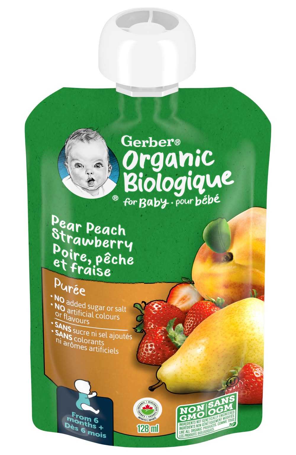 Gerber purée biologique poire, pêche et fraise (128 ml) - organic purée pear peach strawberry (128 ml)