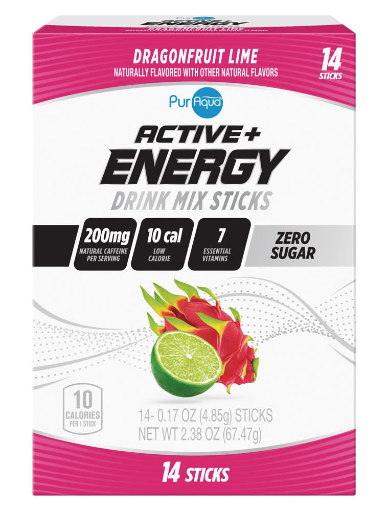 PurAqua Active Plus Energy Drink Mix Sticks, Dragonfruit-Lime (14 x 0.17 oz)