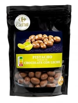Pistachos bañados en chocolate con leche Carrefour Extra sin gluten doy pack 150 g.