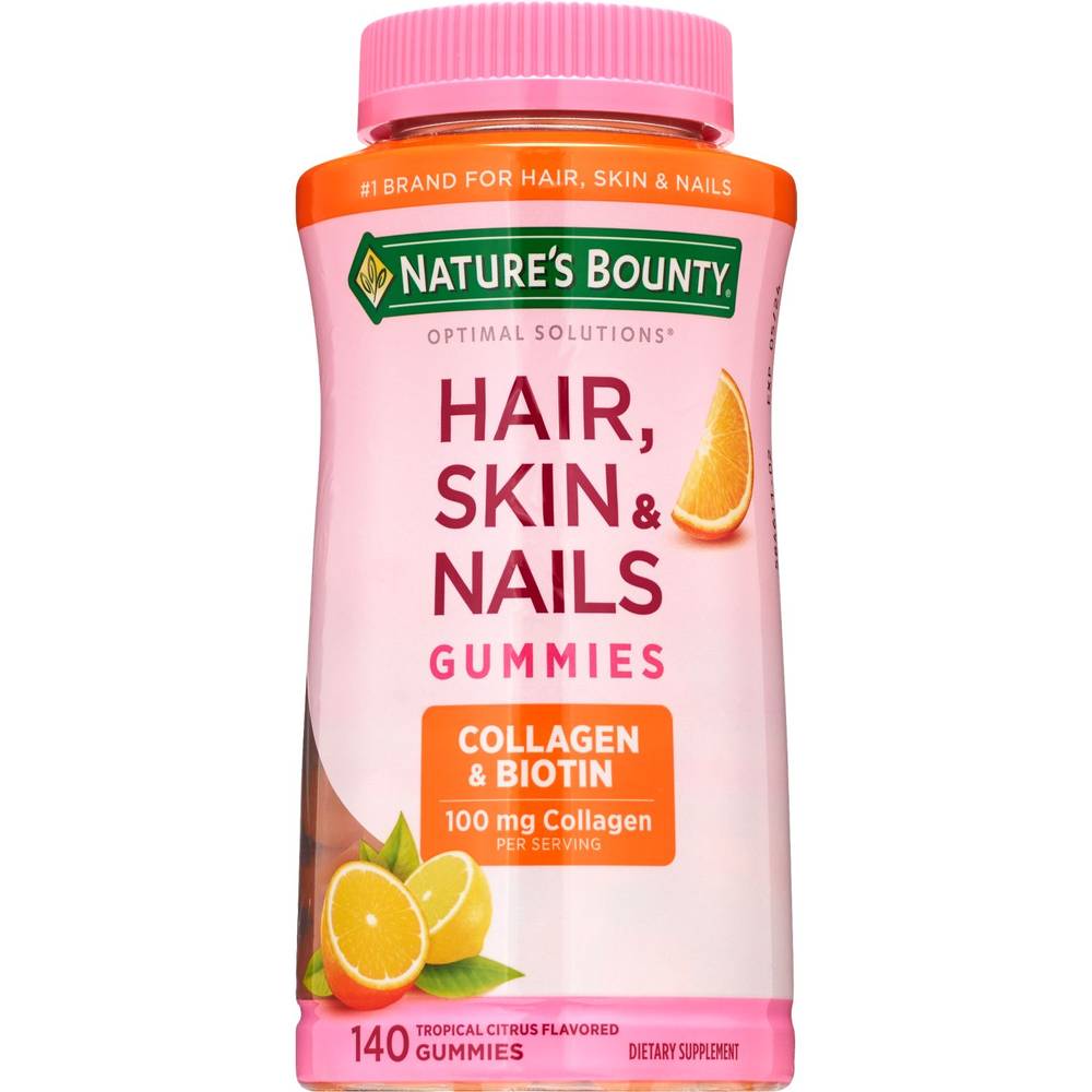 Nature's Bounty Optimal Solutions Hair Skin and Nails Gummy Vitamins With Biotin and Collagen, Citrus