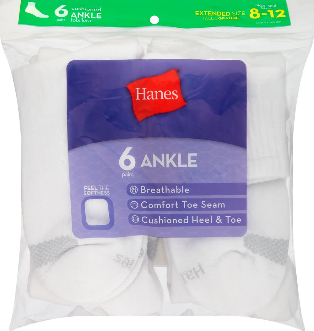 Hanes Shoe Ankle Cushioned Socks, 8-12, White (6 ct)