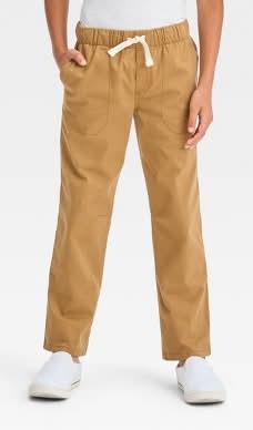 Boys' Straight Fit Woven Pull-On Pants - Cat & Jack™ Dark Brown 8: Cotton Spandex Blend, Reinforced Knee