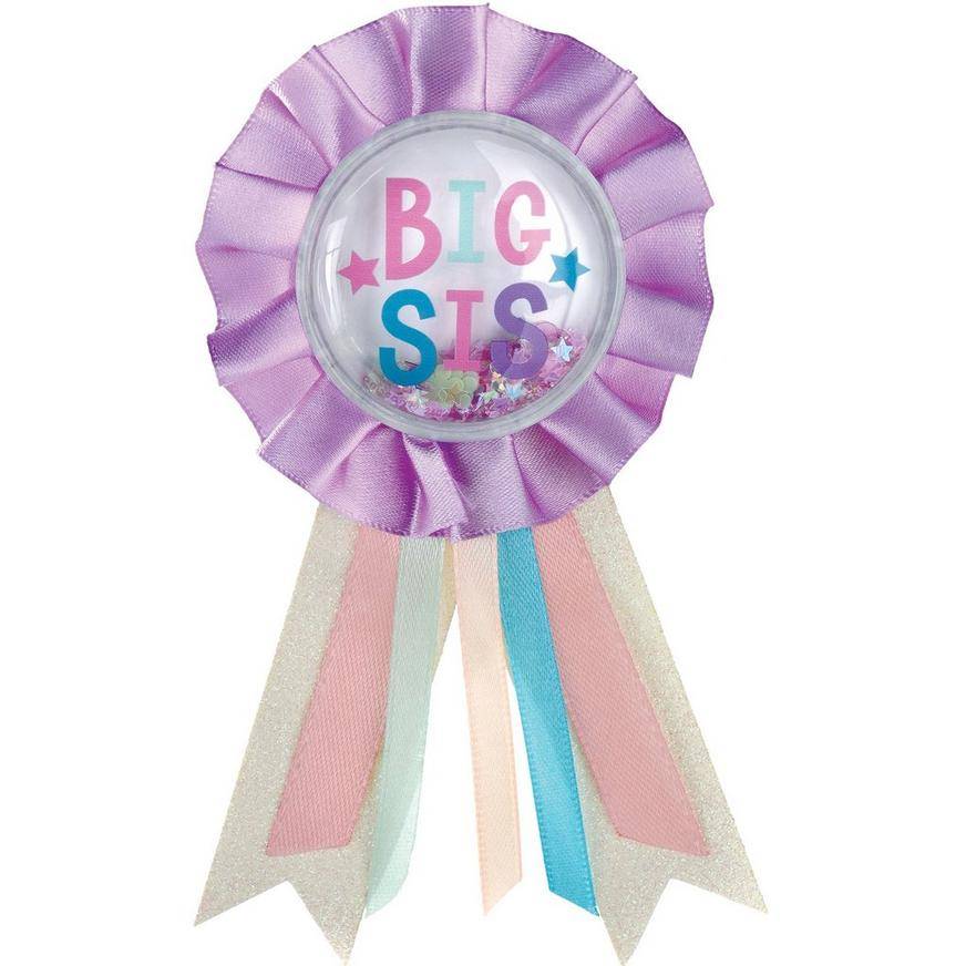 Pink, Purple Blue Big Sis Confetti Shake Baby Shower Award Ribbon