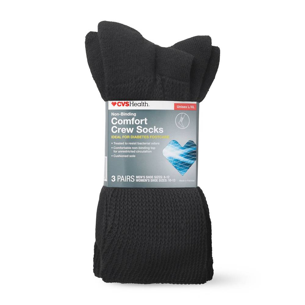 Cvs Health Non-Binding Comfort Crew Socks For Diabetics Unisex, 3 Pairs, L/Xl, Black