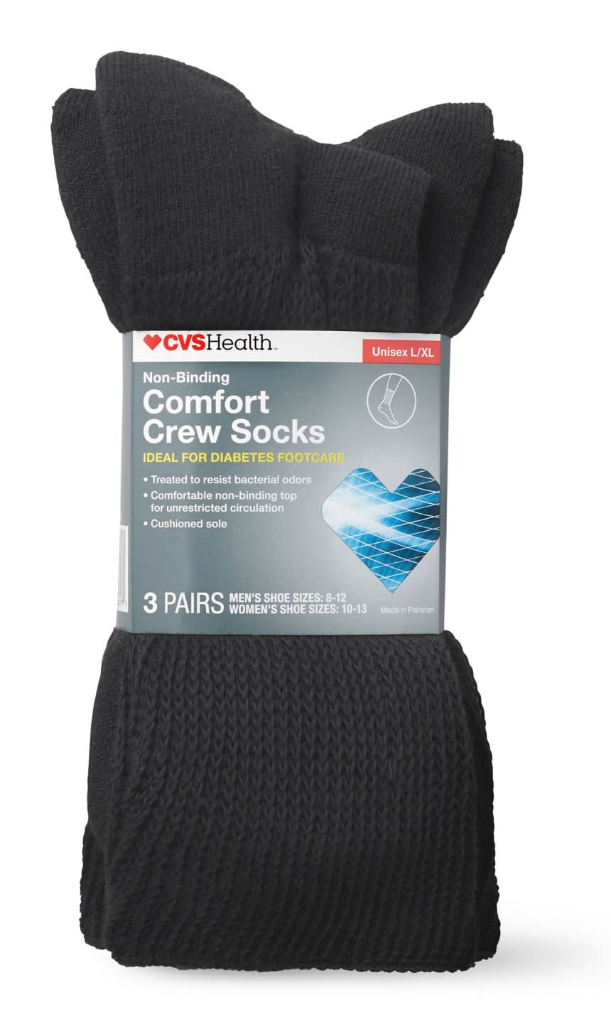 Cvs Non-Binding Comfort Crew Socks For Diabetics Unisex, 3 Pairs, L/Xl, Black
