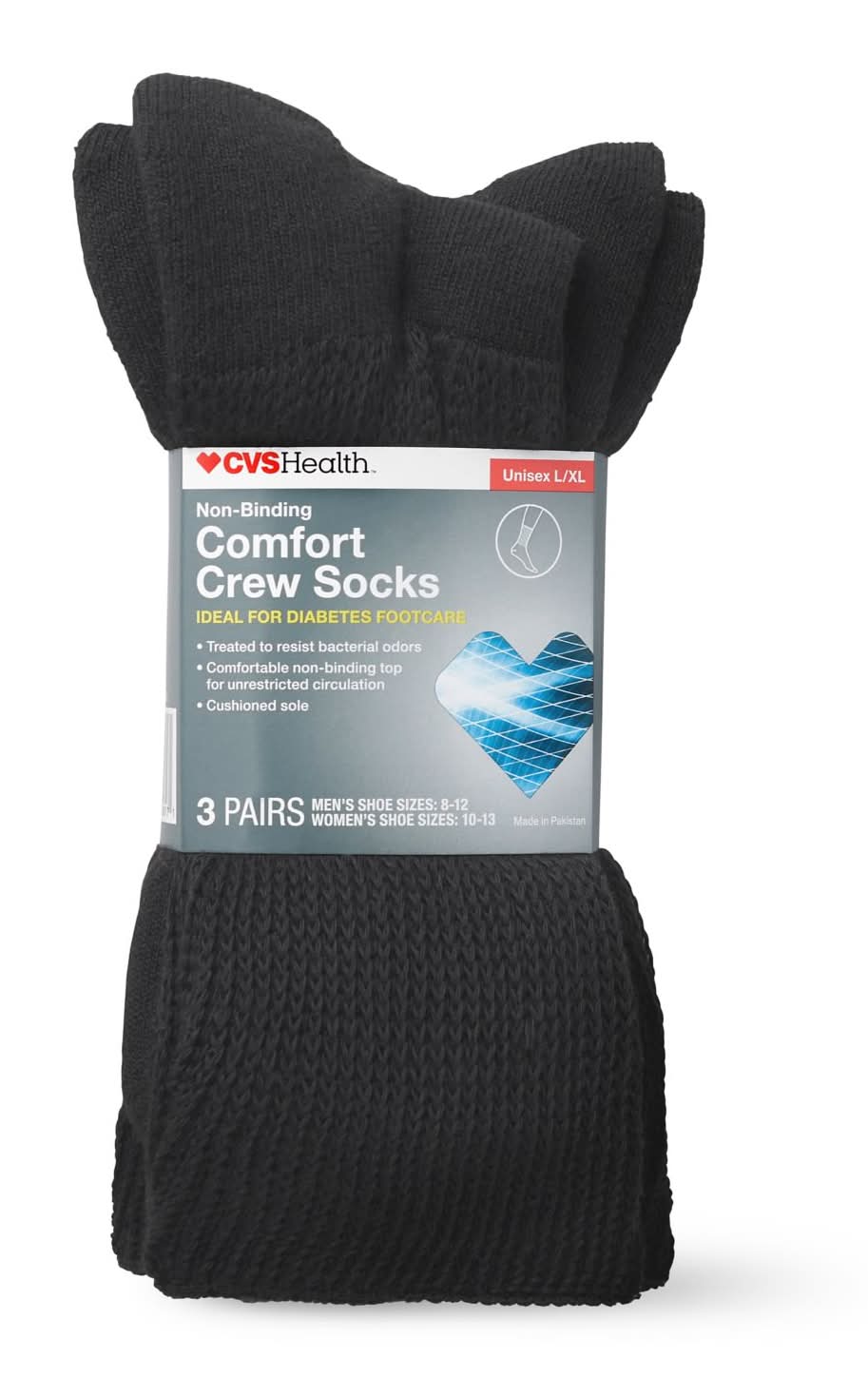 Cvs Diabetic Comfort Unisex Crew Socks, 3 Pairs, L/Xl, Black