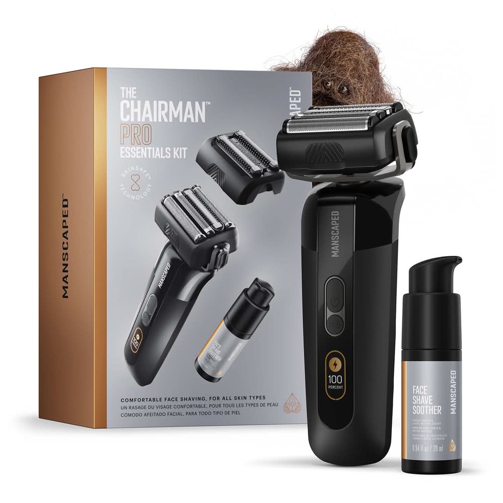 Manscaped - The Chairman Pro Essentials Kit Rechargeable Wet/Dry Electric Foil Face Shaver and SkinSafe Stubble Trimmer - Black