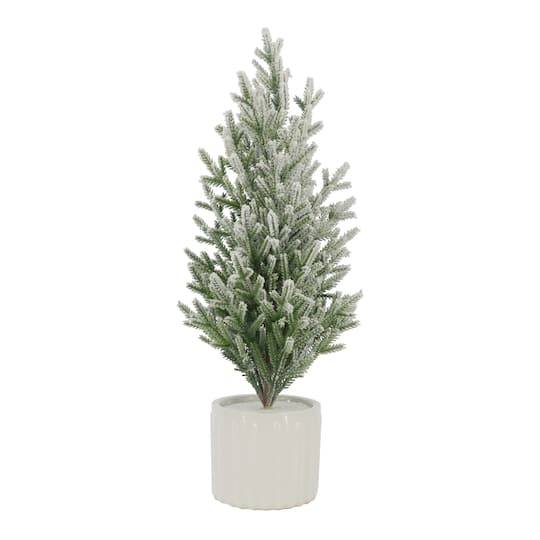 18" Unlit Flocked Pine Artificial Christmas Tree In Ceramic Pot By Ashland